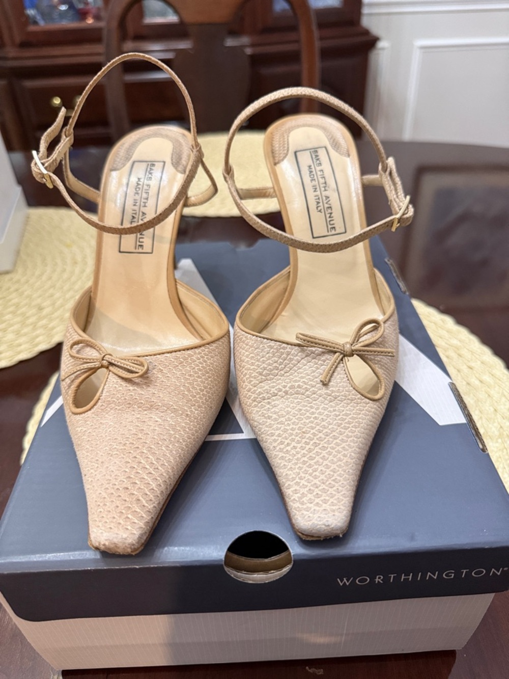 Saks Fifth Avenue Beige Pointed-Toe Slingback Heels with Bow Leather and Karung
